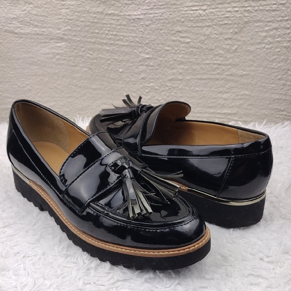 Franco Sarto Carolynn Black Patent Leather Almond Toe Platform Tassel Loaders